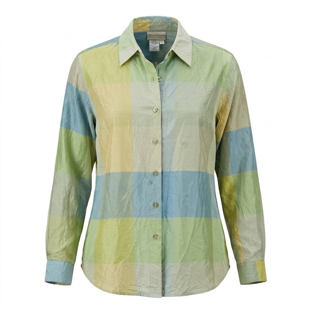 Coldwater Creek 100% Silk Multicolor Plaid Button-Up Shirt Women Size L